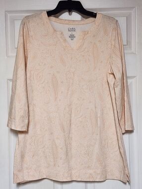 Croft & Barrow Womens Tunic Top Peach White Paisley Notch Neck Stretch Large
